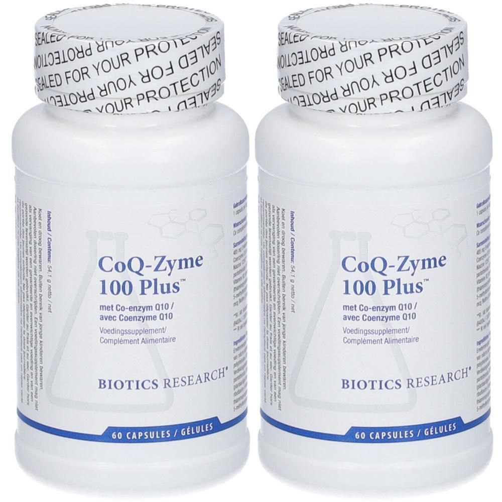 Twee witte flessen met etiketten. Opschrift: CoQ-Zyme 100 Plus, Biotics Research. 60 capsules.