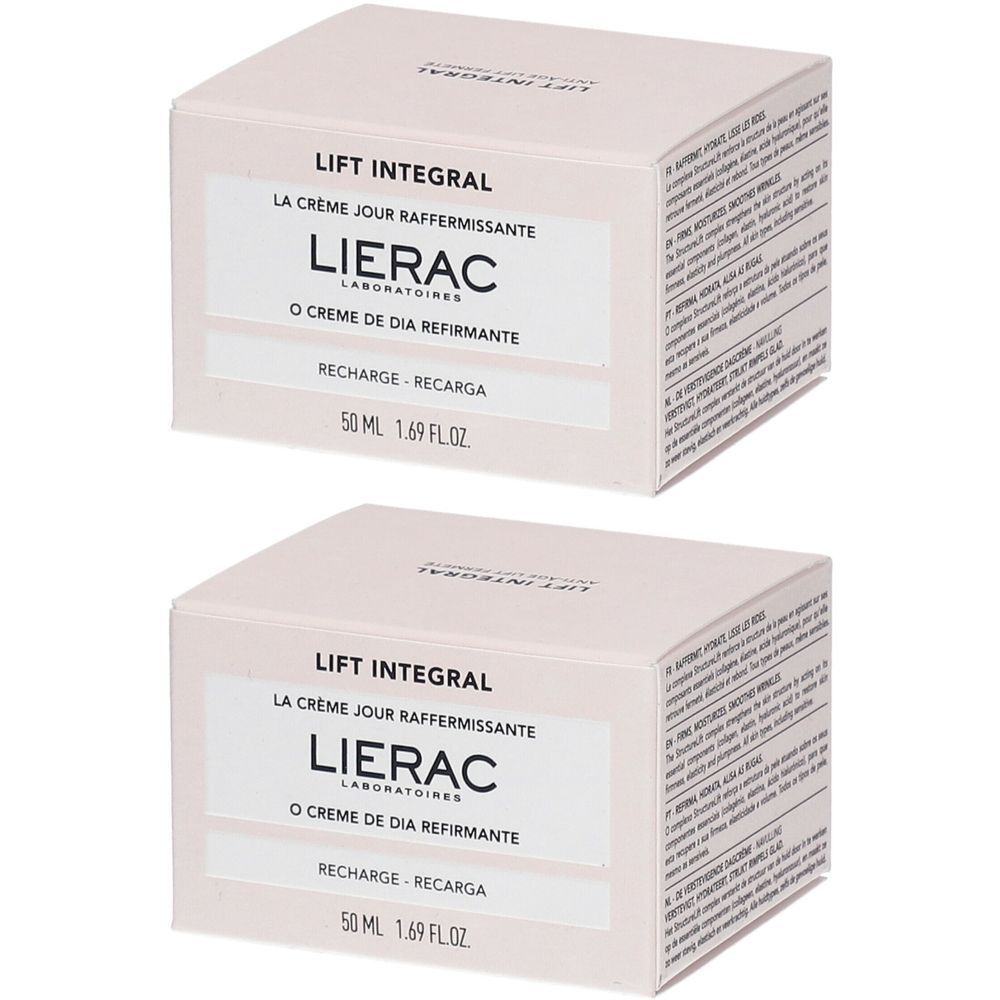 Twee rechthoekige dozen. Op de voorkant staat "Lierac Lift Integral". Tekst in het Frans, Spaans en Engels. 50 ml.