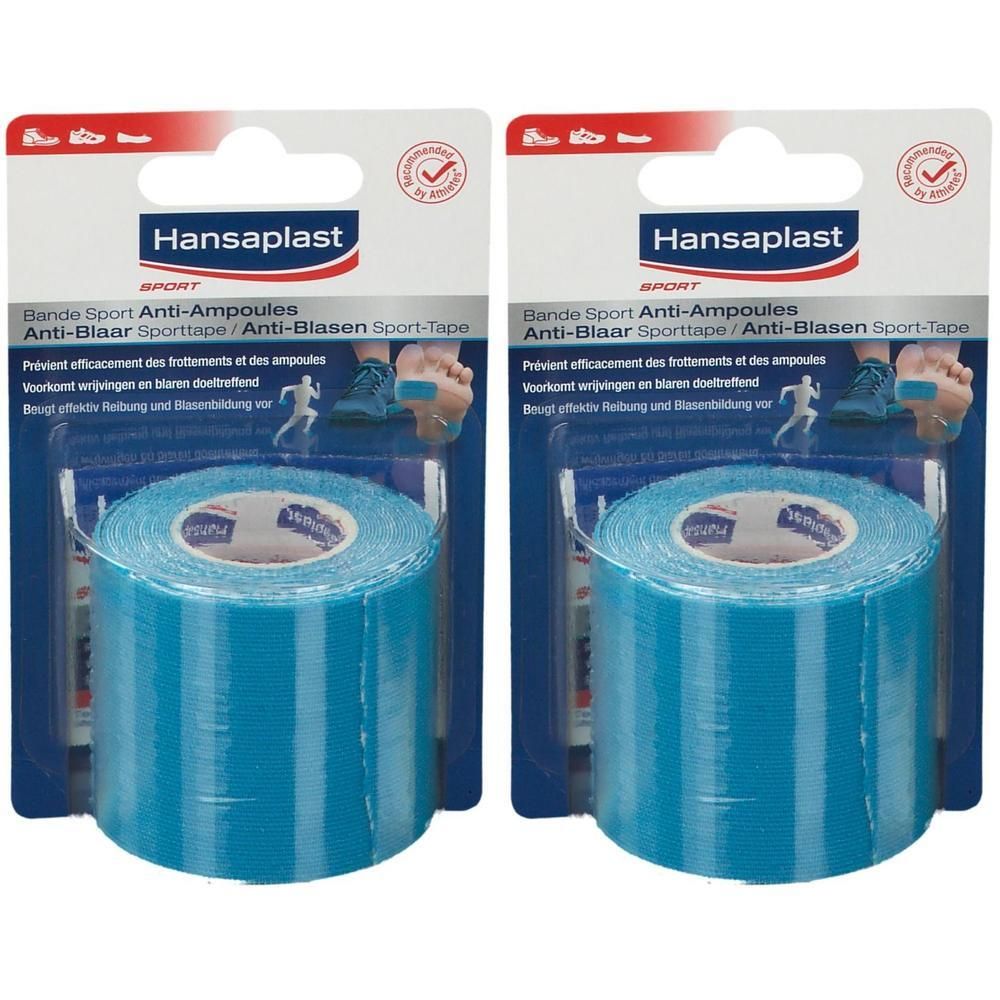 Twee verpakkingen Hansaplast SPORT Anti-Ampoules tape. Blauwe rol in blisterverpakking. Logo en productnaam zichtbaar.