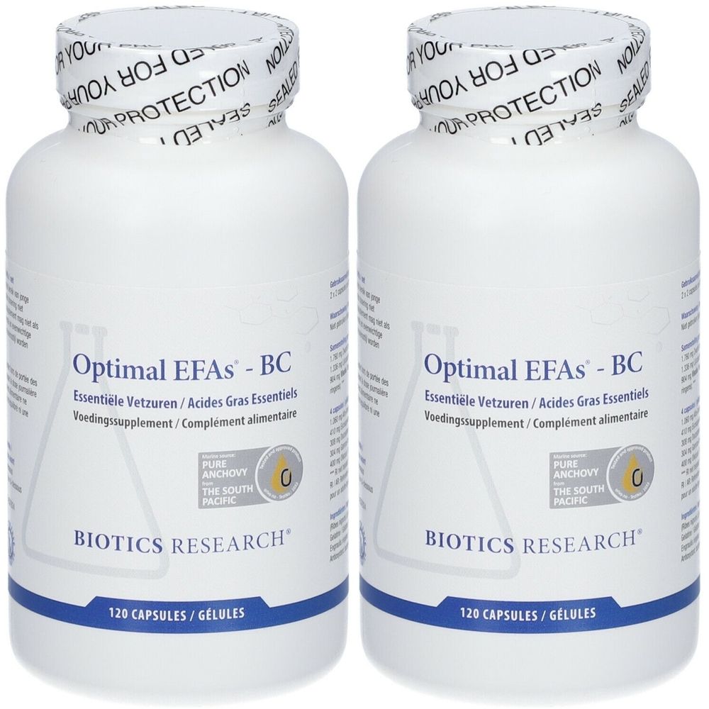 Twee witte flessen met 'Optimal EFAs - BC'. Meertalige opschriften. 120 capsules/gélules. Merk Biotics Research.