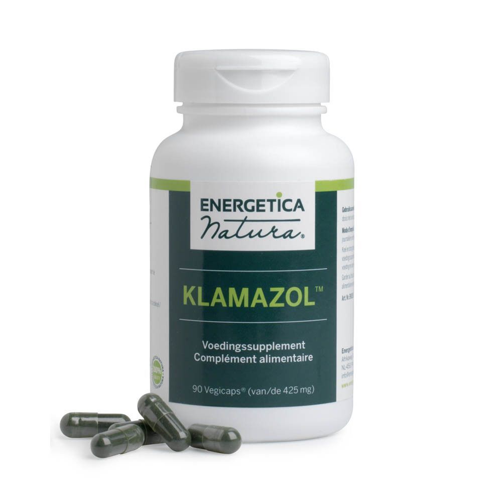 Een witte fles Klamazol 400 mg met witte dop en vier groene capsules ernaast.