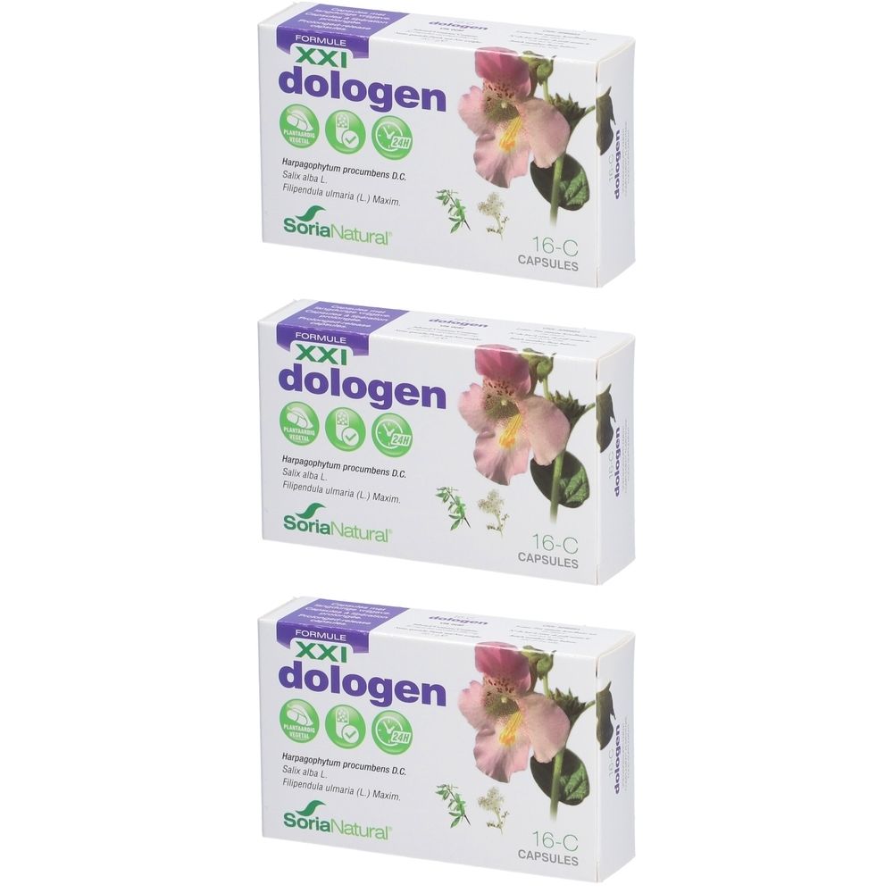 Drie dozen "dologen" capsules. Elke doos toont productnaam, logo, bloemenprint en de aanduiding "16-C capsules".