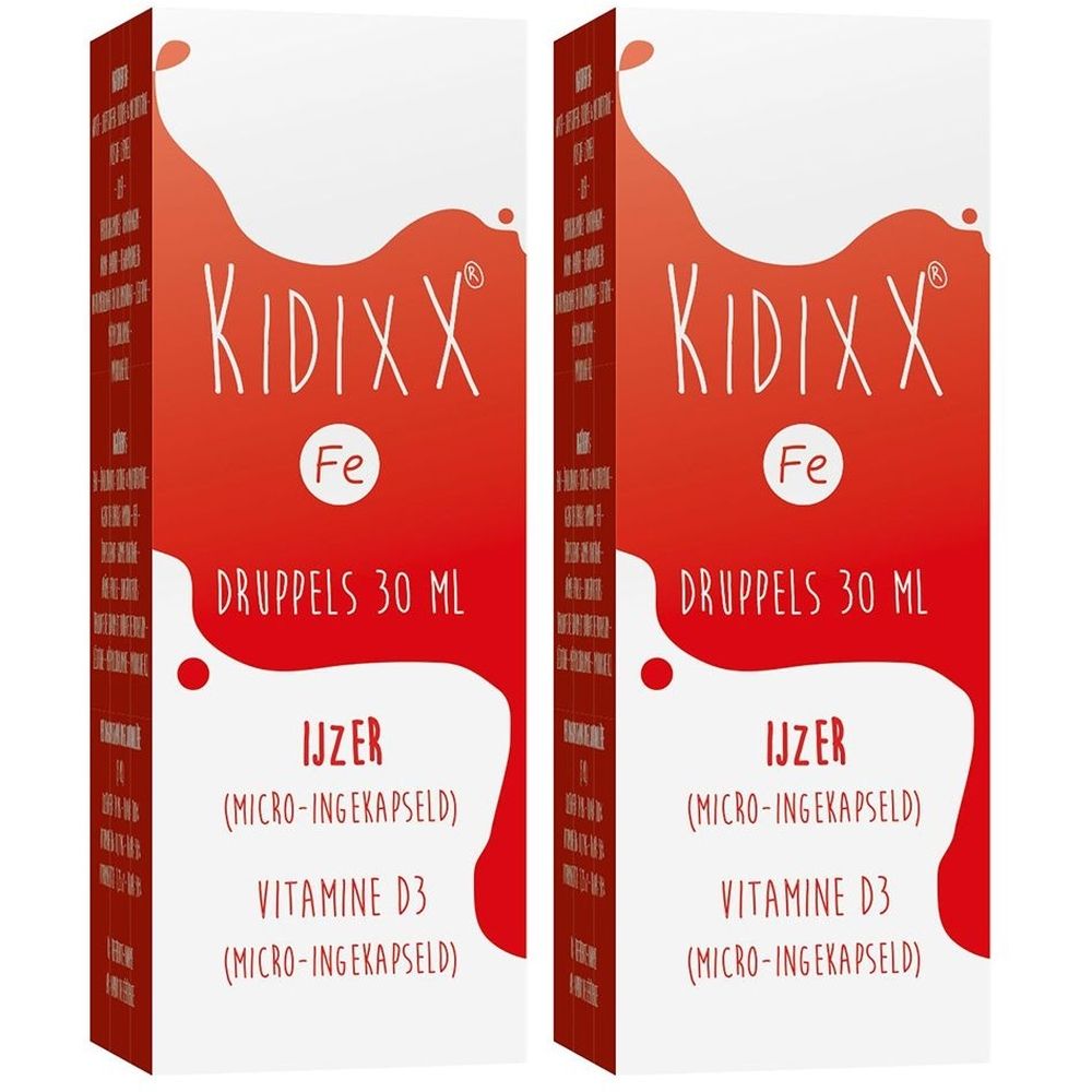 Verpakking met druppels. Opschrift: KidixX Fe, 30 ml, IJzer, Vitamine D3.