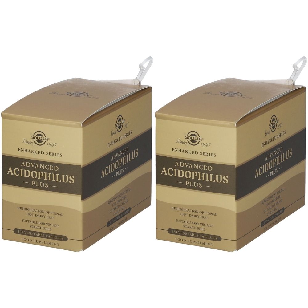 Deux boîtes de "Advanced Acidophilus Plus". Couleurs beige et marron. Languette plastique transparente.