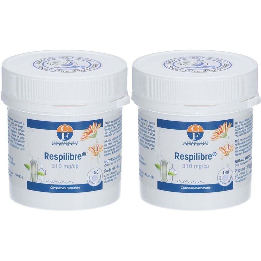 Deux pots blancs avec étiquettes bleues et blanches. Inscription: Respilibre 310 mg/cp. Complément alimentaire.