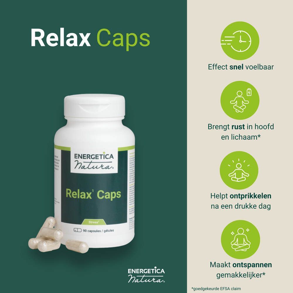 Fles Energetica Natura Relax Caps met ontspanningspictogrammen.