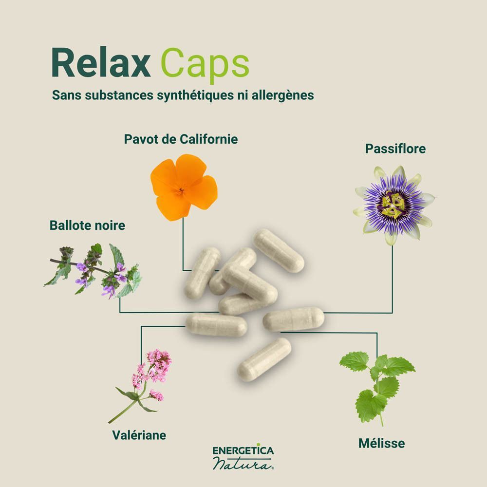 Gélules d'Energetica Natura Relax Caps avec illustrations de plantes.