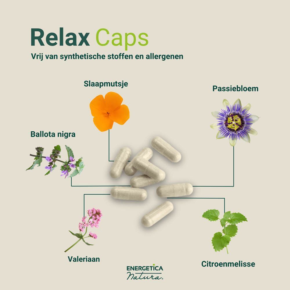 Energetica Natura Relax Caps capsules met plantenafbeeldingen.