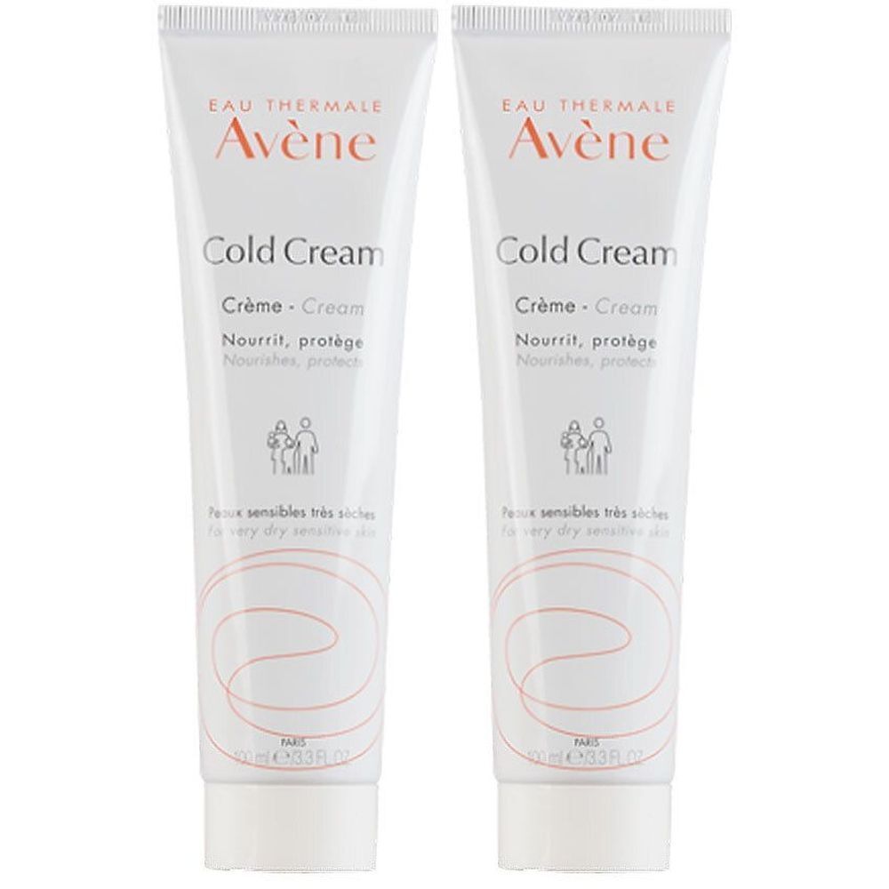 Twee tubes Avène Cold Cream. Witte tubes met rode tekst. Tekst: Cold Cream, Crème, Nourrit, protège. Voor een zeer droge huid.