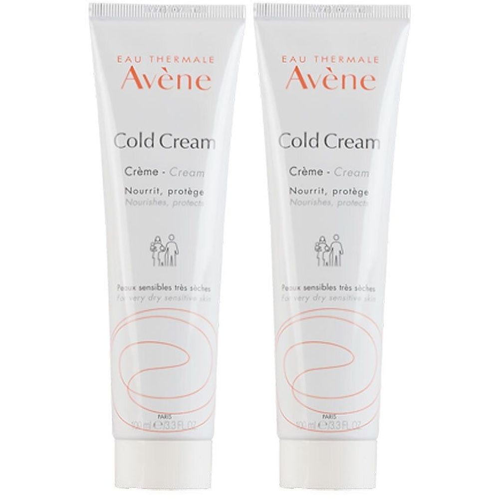 Twee tubes Avène Cold Cream. Witte tubes met rode tekst. Tekst: Cold Cream, Crème, Nourrit, protège. Voor een zeer droge huid.