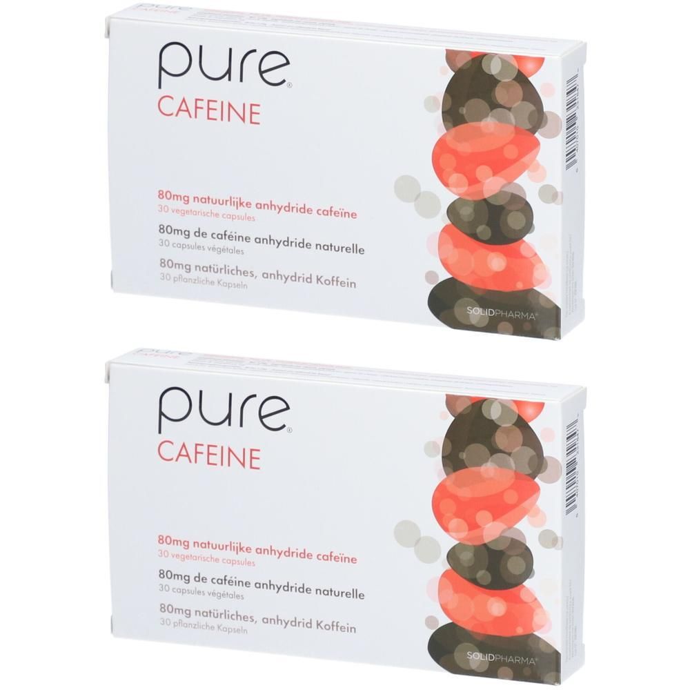 Deux boîtes blanches avec "pure CAFEINE". Inscriptions: 80mg caféine, 30 gélules. Illustration de grains de café.