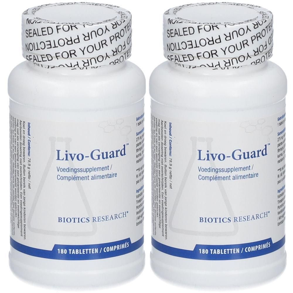 Twee witte flessen met "Livo-Guard"-etiket. Opschrift "BIOTICS RESEARCH". Verzegeling met tekst "SEALED FOR YOUR PROTECTION".