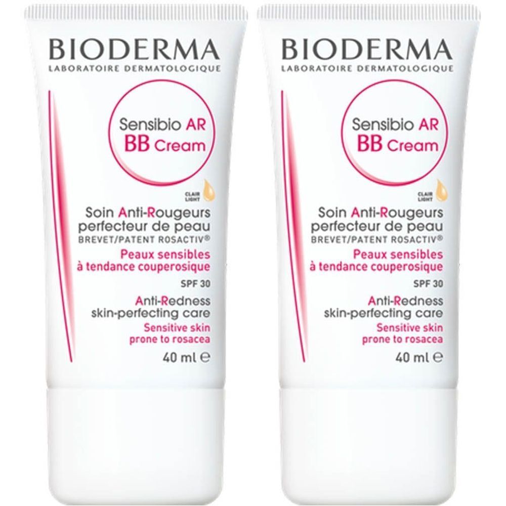 Deux tubes de Bioderma Sensibio AR BB Crème. Tubes blancs avec texte rouge et noir. Texte : Anti-Rougeurs, SPF 30, 40 ml.