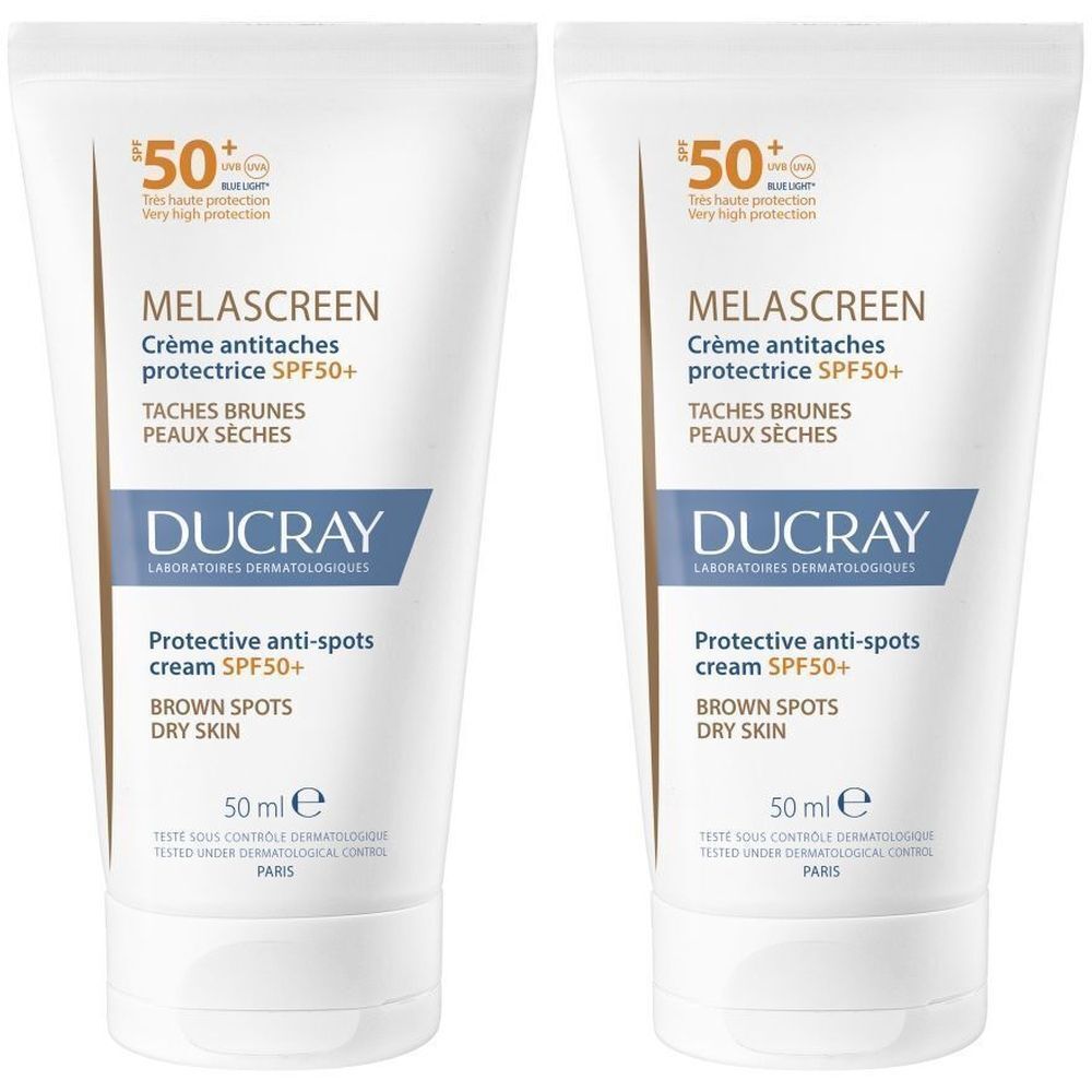 Deux tubes de crème. Inscription: Melascreen, SPF50+, crème anti-taches. Marque: Ducray. Pour peaux sèches.