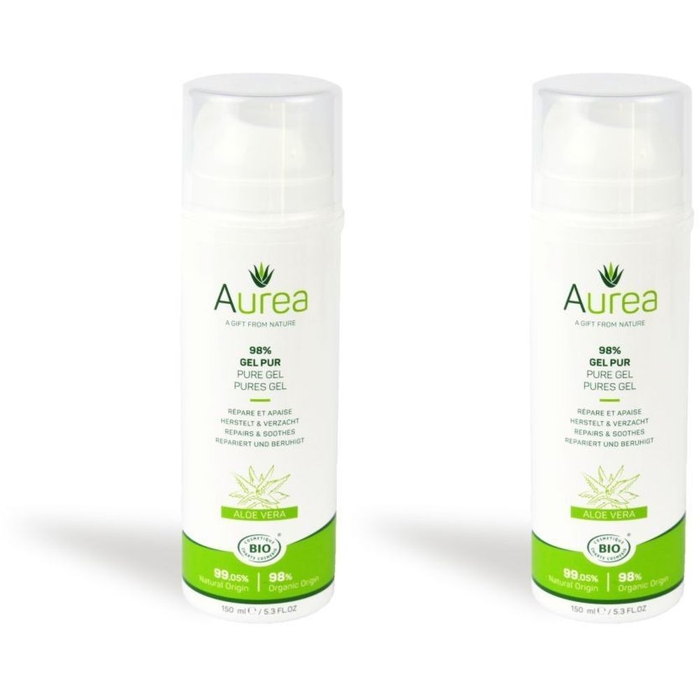 Deux flacons blancs avec étiquette Aurea. Inscription : 98% Gel Pur, Aloe Vera, label Bio. Bouchon transparent et bande verte.