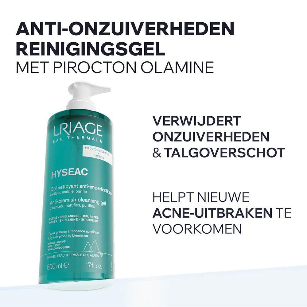 Reinigingsgel Uriage Hyséac: verwijdert onzuiverheden en overtollig talg, voorkomt acne.