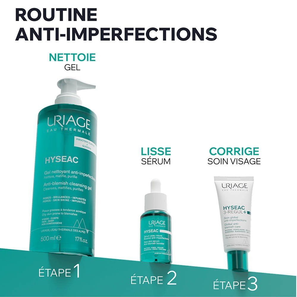 Gel nettoyant Uriage Hyséac : élimine impuretés et sébum, aide à prévenir l'acné.