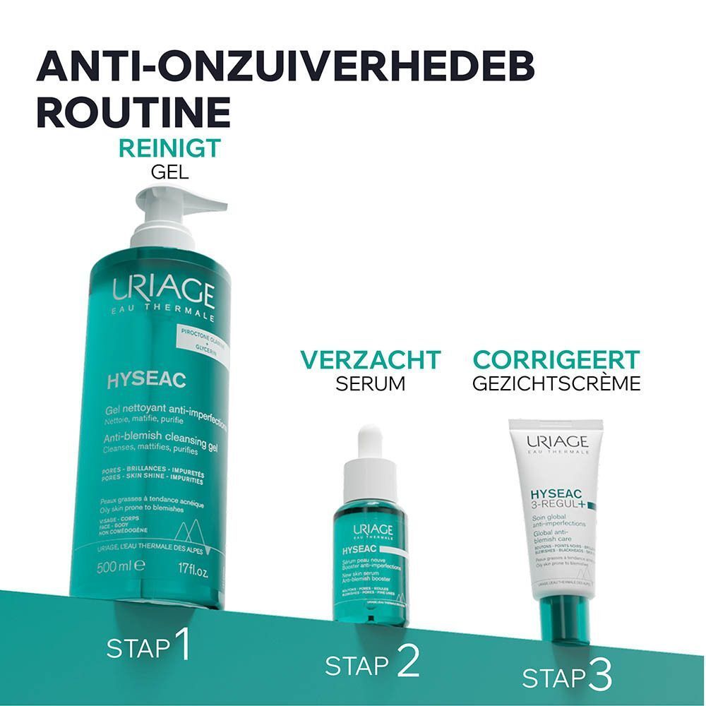 Reinigingsgel Uriage Hyséac: verwijdert onzuiverheden en talg, helpt acne uitbraken voorkomen.