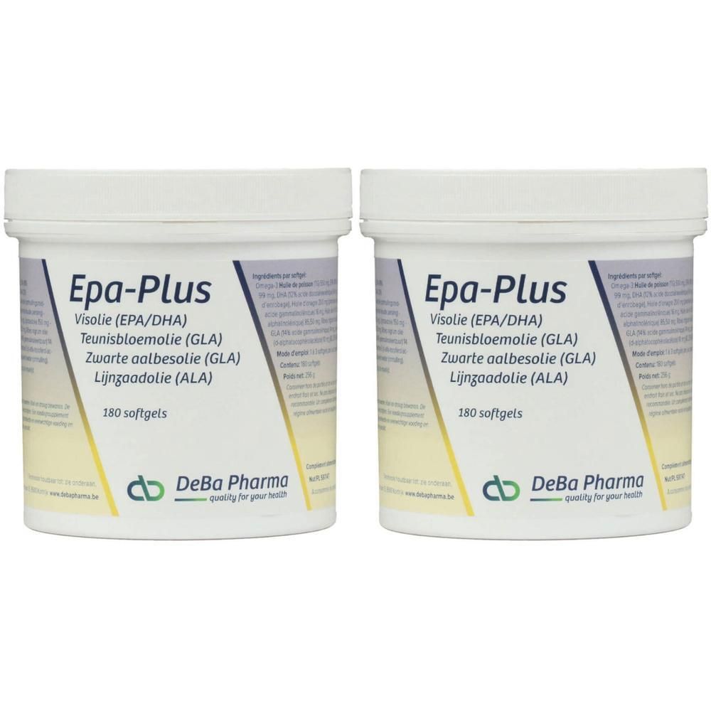 Twee witte potten met deksels. Opschrift: "Epa-Plus", ingrediënten, "180 softgels" en logo "DeBa Pharma".