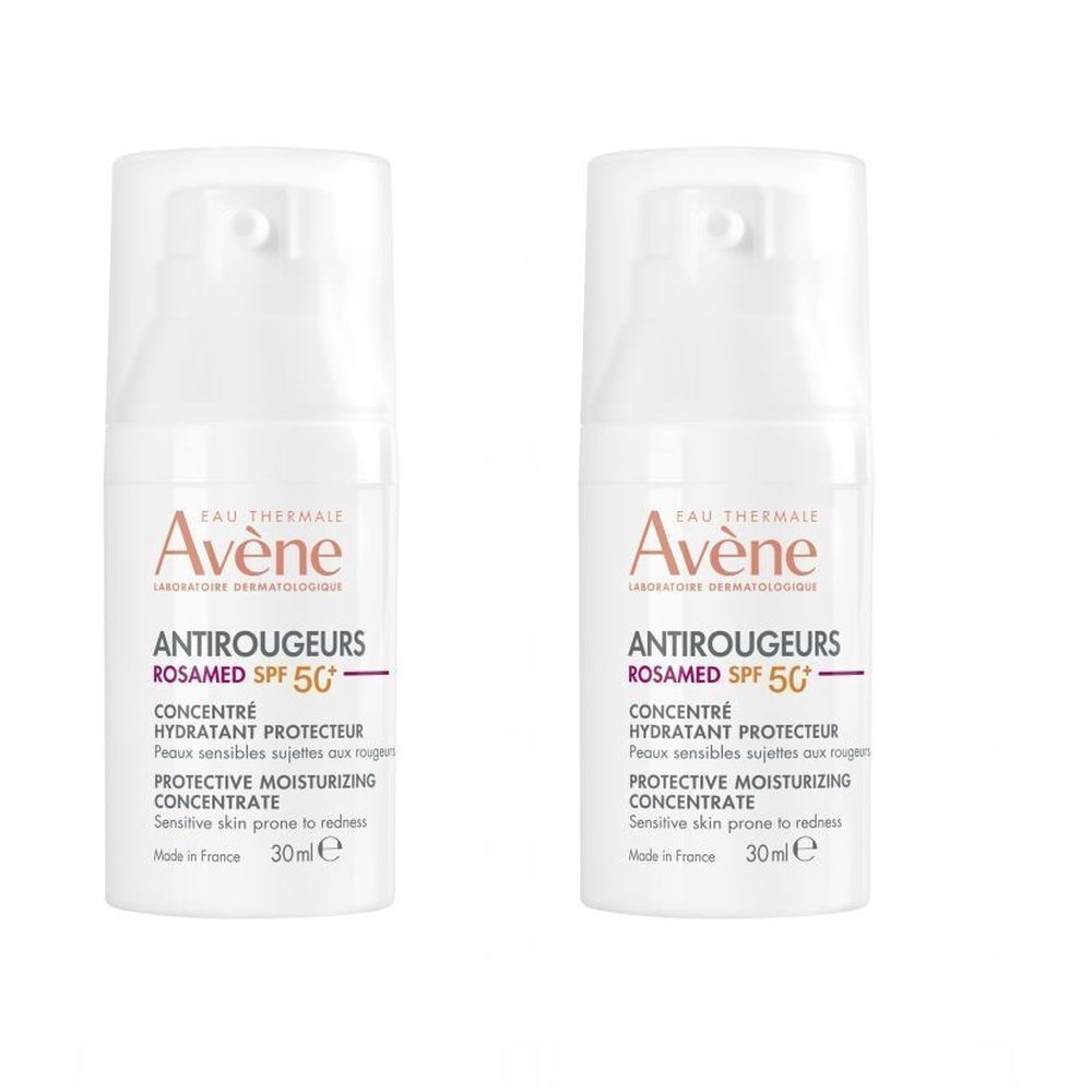 Deux flacons blancs Avène Antirougeurs ROSAMED SPF 50+. Concentré hydratant protecteur pour peaux sensibles.
