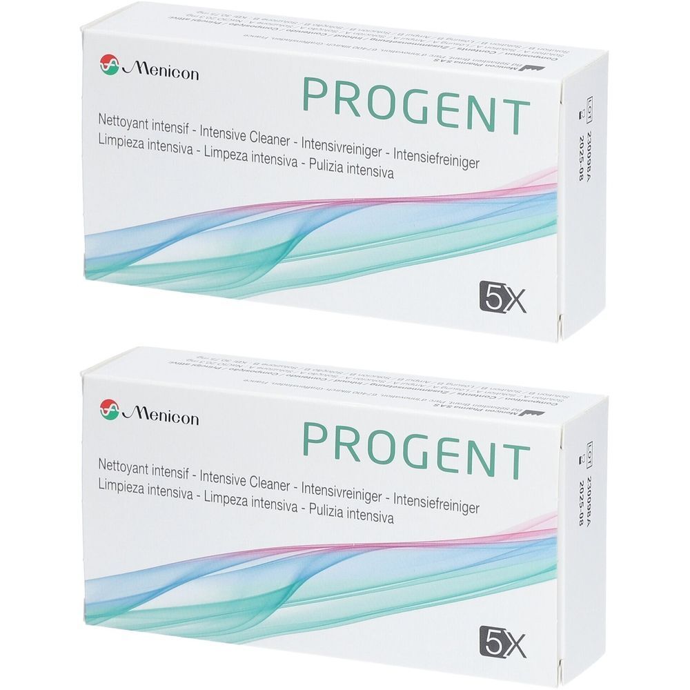 Twee witte dozen met PROGENT. Meertalige productnamen. Menicon-logo. Opdruk 5X.