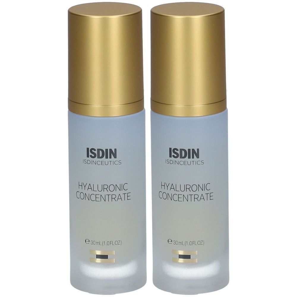 Deux flacons avec bouchons dorés. Inscription: ISDIN Isdinceutics Hyaluronic Concentrate. Flacons en verre bleu mat.
