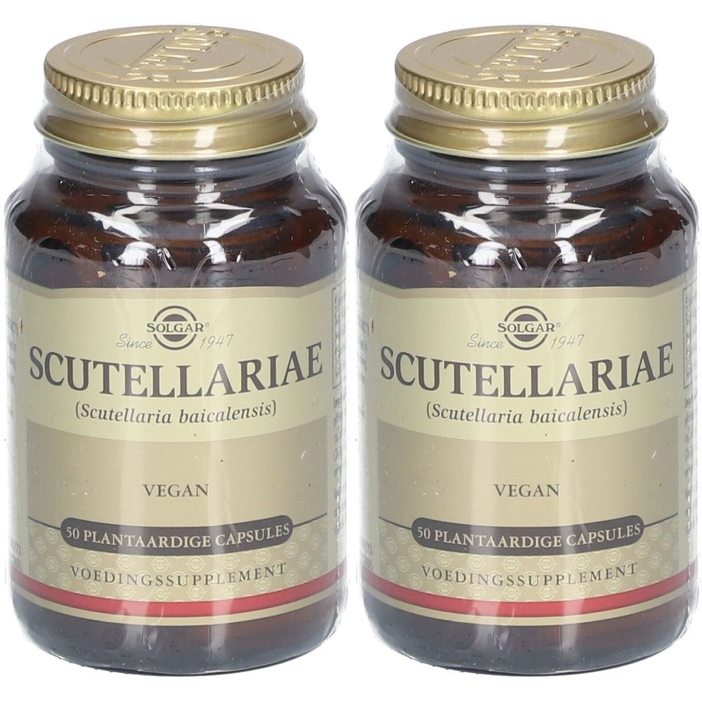 Twee bruine glazen flessen met gouden deksels. Labels tonen "SOLGAR" en "SCUTELLARIAE". Vegan, 50 plantaardige capsules.