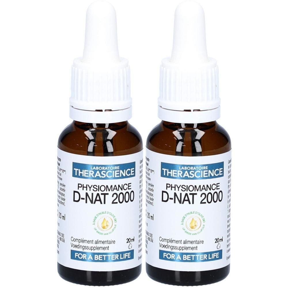 Twee flessen Physiomance D-NAT 2000. Bruine glazen flessen met witte pipetten. Labels met productinformatie.