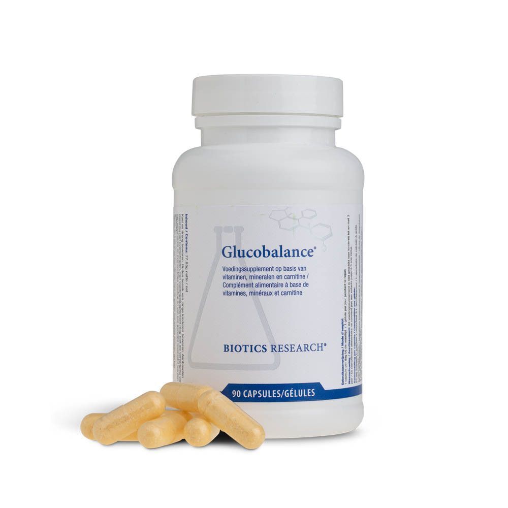 Un flacon blanc de capsules Glucobalance de Biotics Research, avec trois gélules à côté. Le flacon contient 90 gélules.