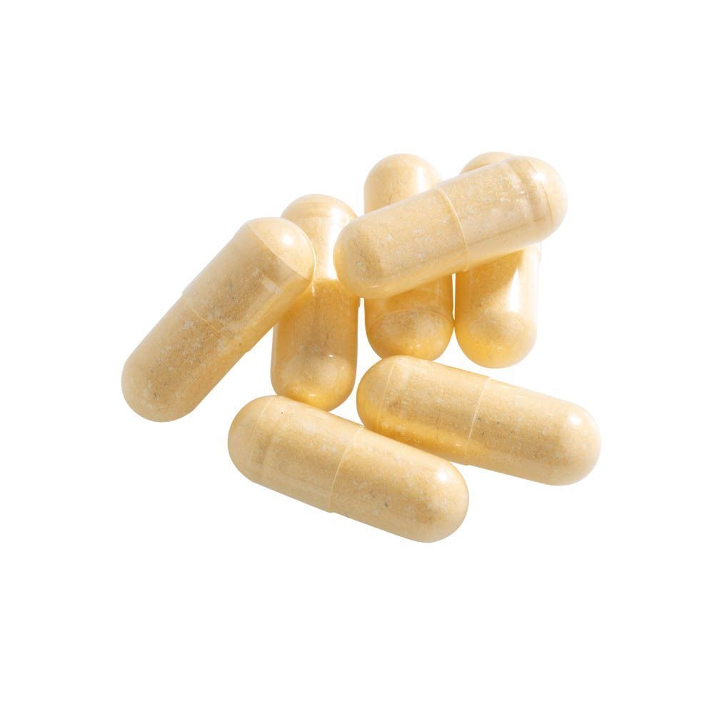 Plusieurs gélules jaunes Glucobalance de Biotics Research sur fond blanc.