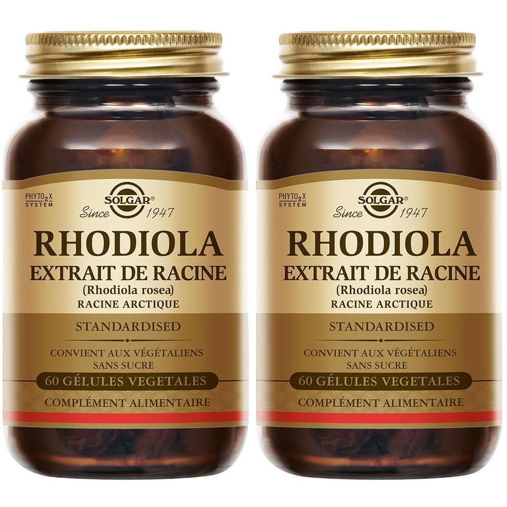 Deux flacons de Solgar Rhodiola. Flacons en verre brun avec couvercle doré et étiquette. Inscription : Rhodiola, 60 gélules.