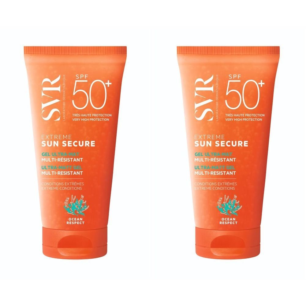 Deux tubes orange de crème solaire. Sur chaque tube, SVR, SPF 50+ et Sun Secure Extreme. Logo Ocean Respect.