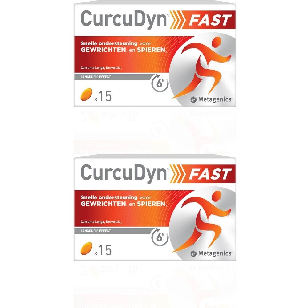 Twee dozen Curcudyn Fast. Witte verpakking met oranje accenten. Tekst: "Curcudyn Fast", "Metagenics". Illustratie van een persoon.