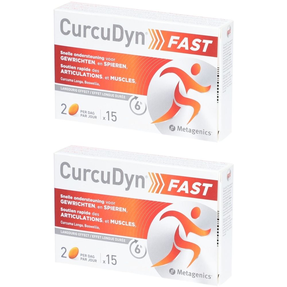 Twee dozen Curcudyn Fast. Witte verpakking met oranje accenten. Tekst: "Curcudyn Fast", "Metagenics". Illustratie van een persoon.