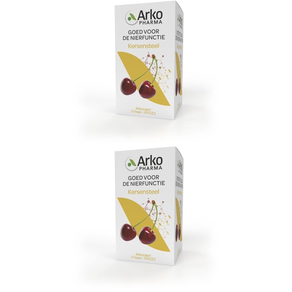 Twee Arkopharma dozen. Opschrift: Goed voor de nierfunctie, Kersensteel. Illustratie: kersen.