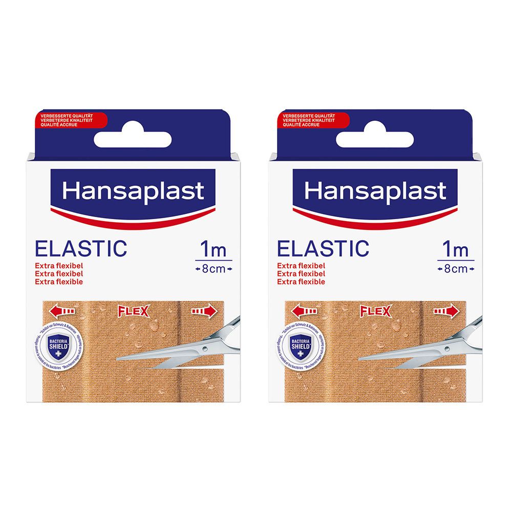 Deux boîtes de Hansaplast Elastic. Inscription : Elastic, 1 m x 8 cm. Pansement flexible avec protection bactérienne.