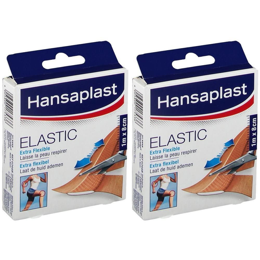 Twee dozen Hansaplast Elastic pleisters. Witte dozen met blauwe deksel. Opschrift: Elastic, 1 m x 8 cm.