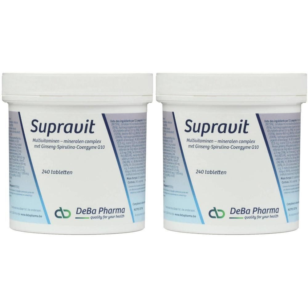 Twee witte potten met de tekst "Supravit". Daaronder "DeBa Pharma". Opschrift: 240 tabletten.