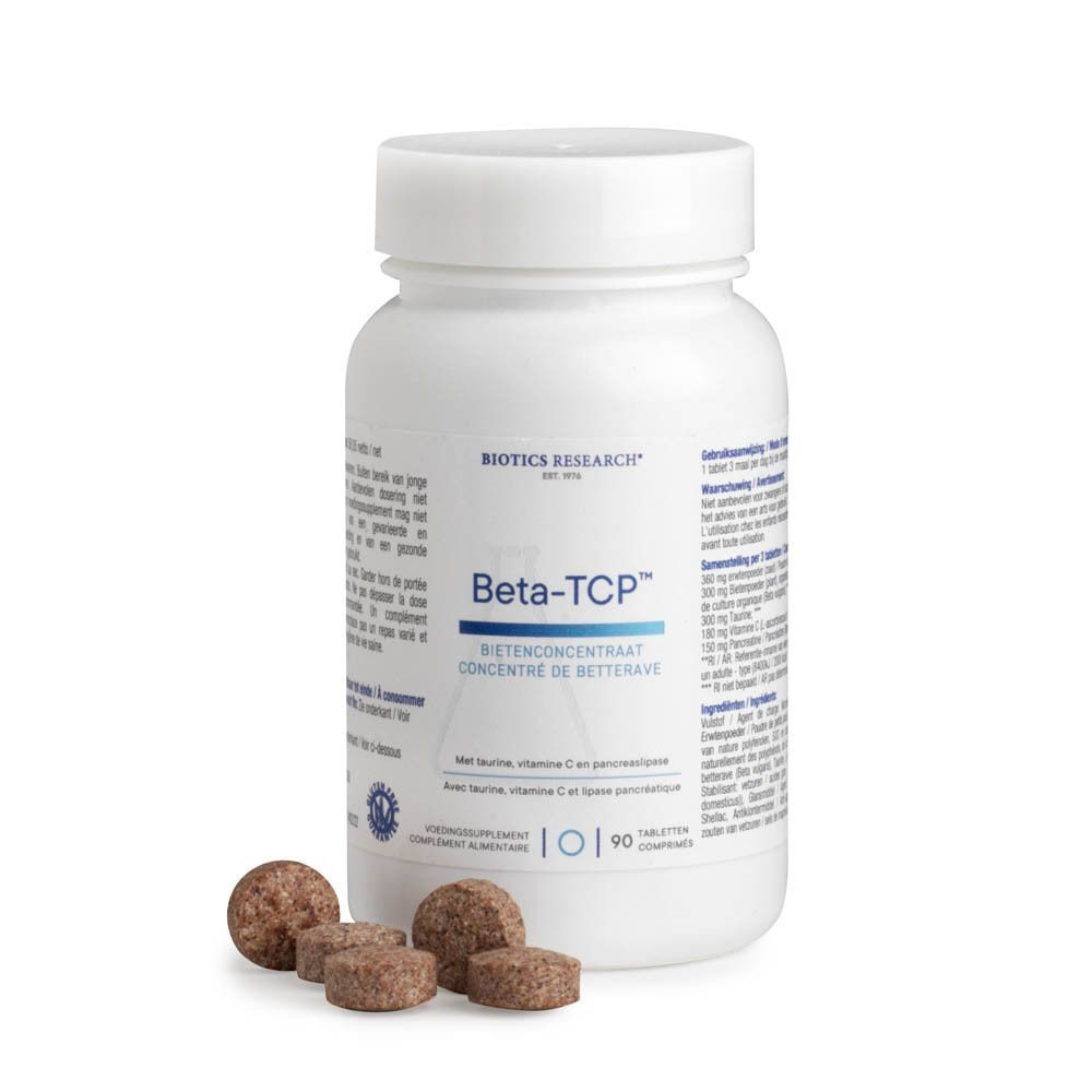 Een fles Biotics Beta-TCP voedingssupplement met enkele tabletten ervoor, 90 tabletten per fles.