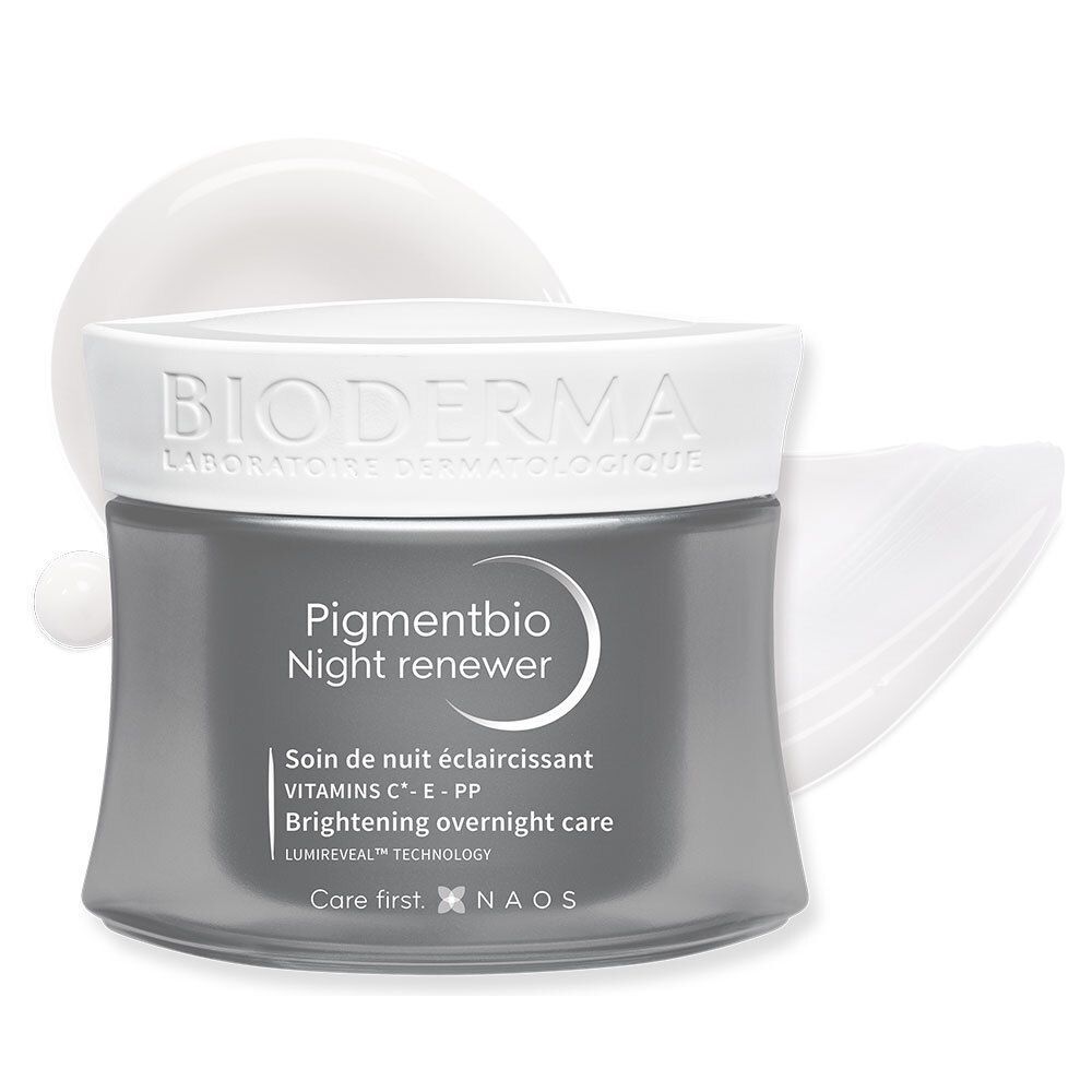 Pot gris et blanc. Inscription: BIODERMA, Pigmentbio Night renewer. Texte: Brightening overnight care. Crème à côté.