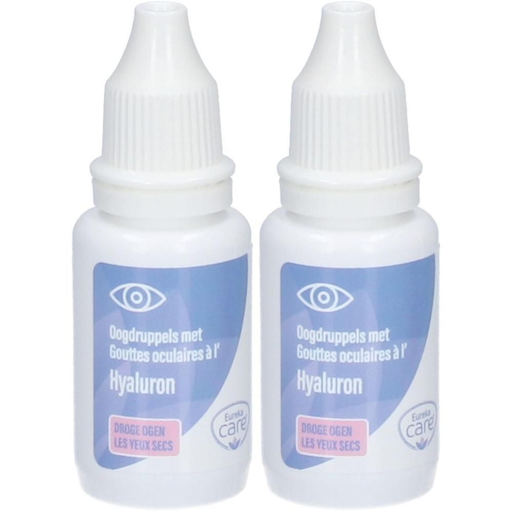 Twee flesjes oogdruppels met hyaluron voor droge ogen.