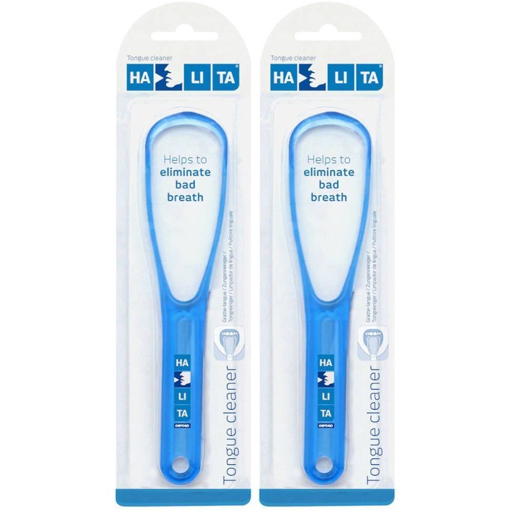 Twee blauwe tongschrapers in verpakking. Opschrift: Halita, Tongue cleaner, Helps to eliminate bad breath.