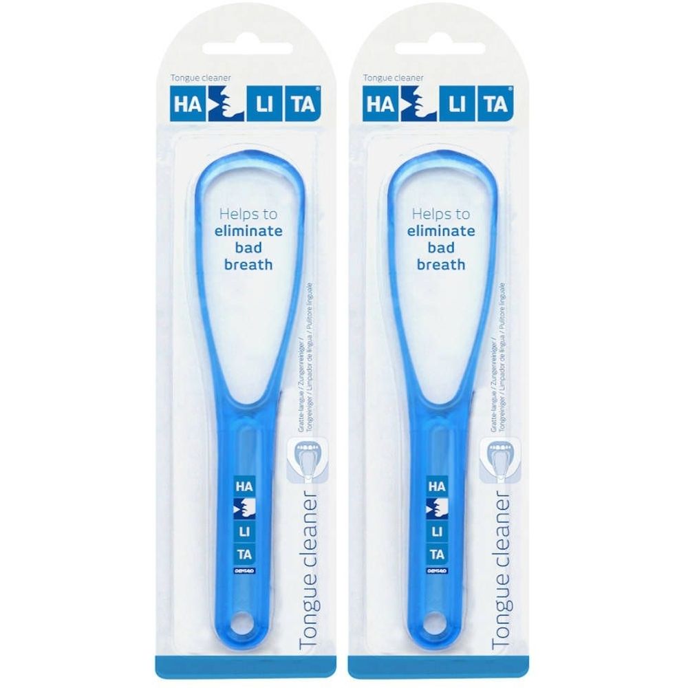 Twee blauwe tongschrapers in verpakking. Opschrift: Halita, Tongue cleaner, Helps to eliminate bad breath.