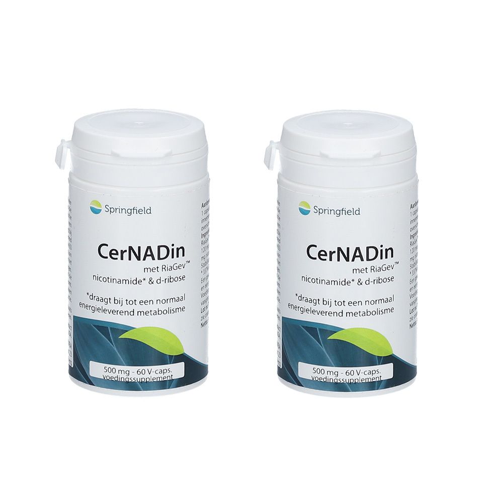 Twee witte flessen "Springfield Cernadin". Bevat nicotinamide & D-ribose. 500 mg, 60 capsules.