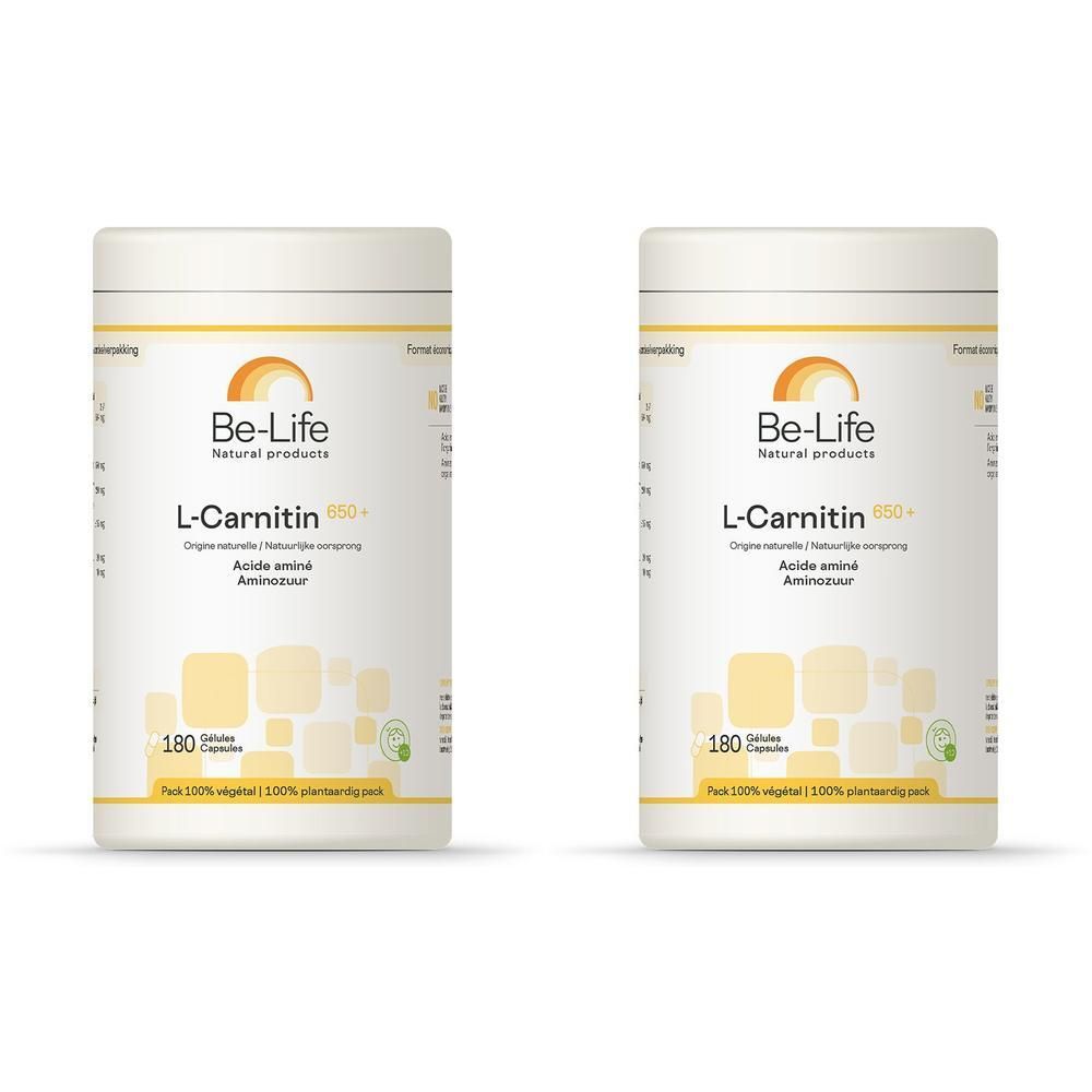 Deux flacons blancs avec étiquettes. Inscription: Be-Life L-Carnitine 650+. 180 gélules. 100% végétal.