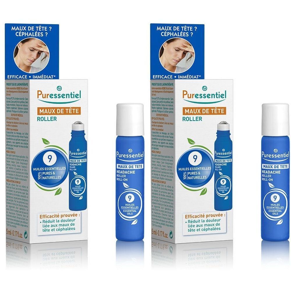 Blauwe rollerfles en verpakking met productnaam en logo. 9 essentiële oliën. Hoofdpijnroller.