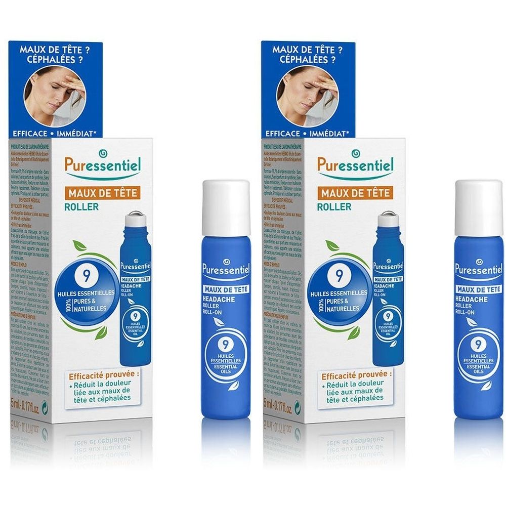 Blauwe rollerfles en verpakking met productnaam en logo. 9 essentiële oliën. Hoofdpijnroller.