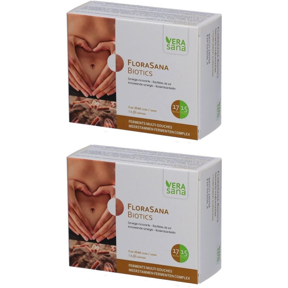 Deux boîtes de FloraSana Biotics. Boîtes blanches avec logo et informations produit. Image d'un ventre avec des mains.