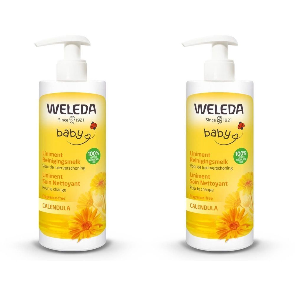 Twee gele flessen met witte pomp. Opschrift: WELEDA Baby, Uniment, Reinigingsmelk, Soin Nettoyant, Calendula. 100%.