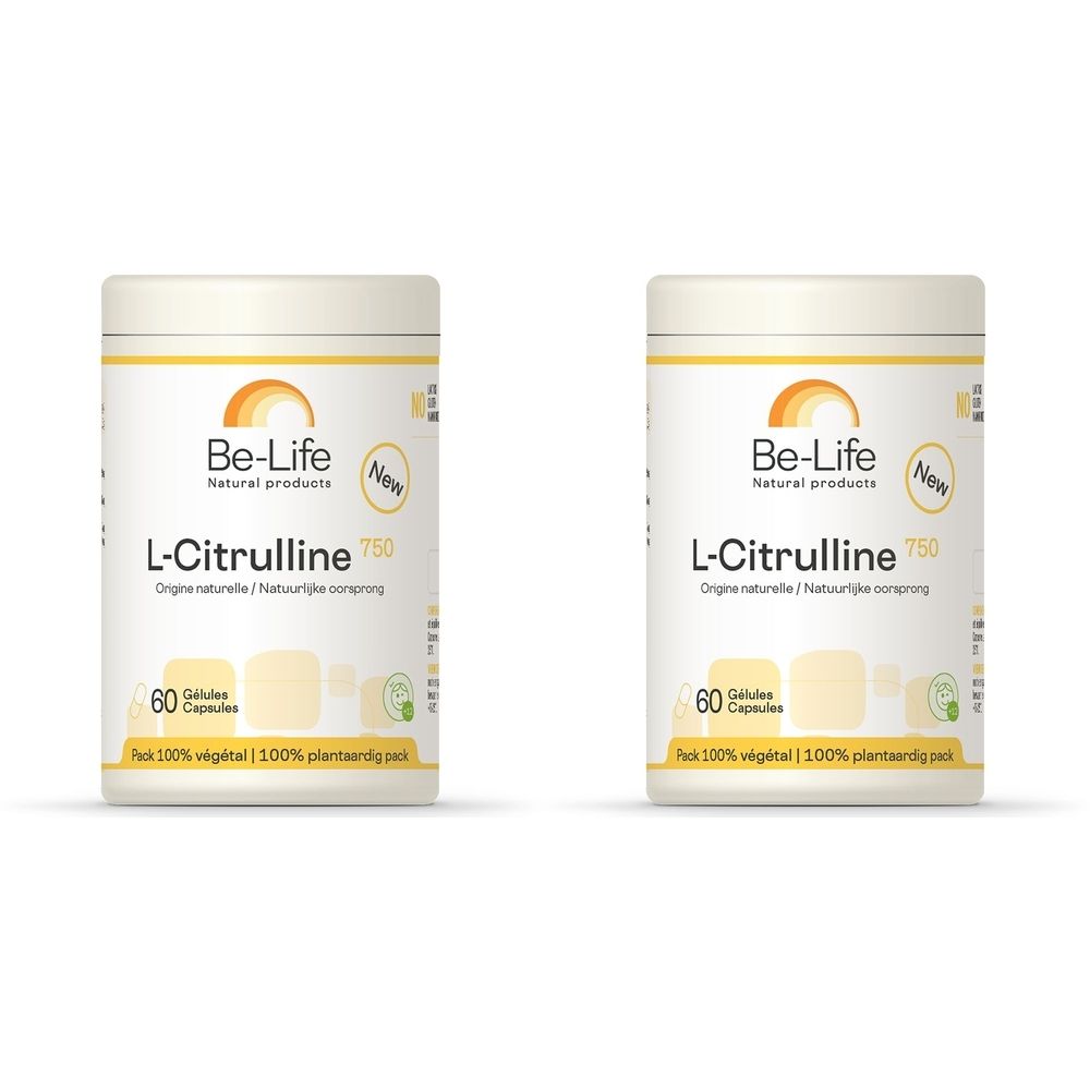 Twee witte potten met gele deksels. Opschrift: Be-Life L-Citrulline 750. 60 capsules. "New" label.
